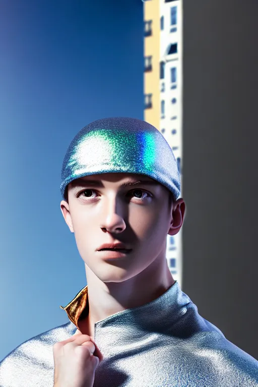 Image similar to un ultra high definition studio quality photographic art portrait of a young man standing on the rooftop of a british apartment building wearing soft padded silver pearlescent clothing. three point light. extremely detailed. golden ratio, ray tracing, volumetric light, shallow depth of field. set dressed.