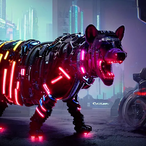 Image similar to cyborg cybernetic hyena, cyberpunk 2 0 7 7 style, wires and lights, multiple eyes resembling camera lenses, highly detailed