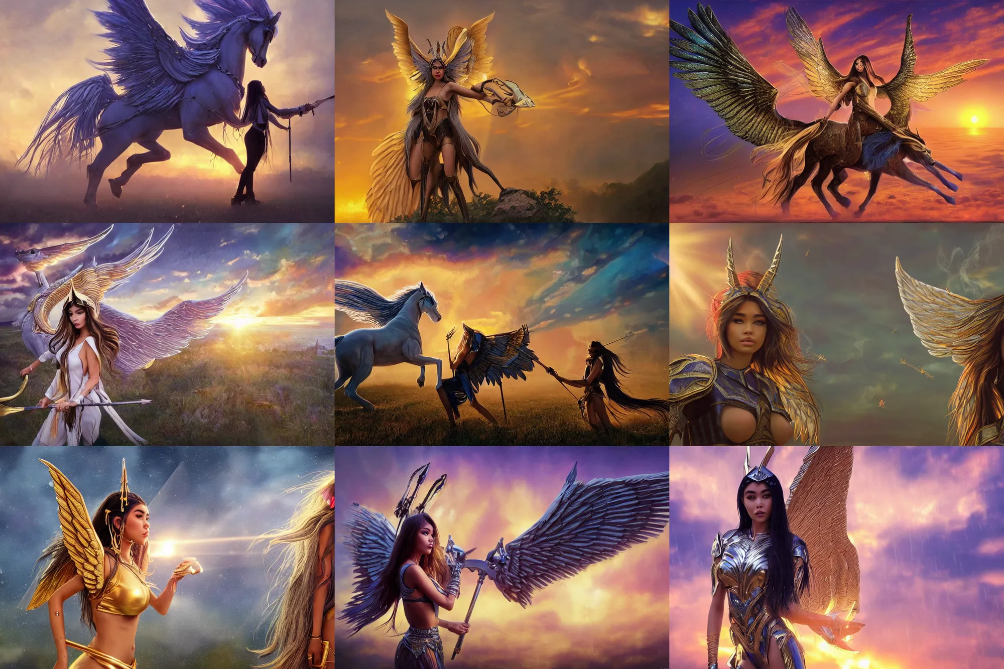 Prompt: wide - shot | dslr | madison beer | as a valkyrie warrior | giant winged horse | detailed face | rain | raytracing!!! | arrows | sunset | smoke | ethereal | golden hour | by victor nizovtsev, john blanche, werner herzog | fantasy | highly detailed | north mythology | realism | film | cinematic 4 k | upscaled!!!