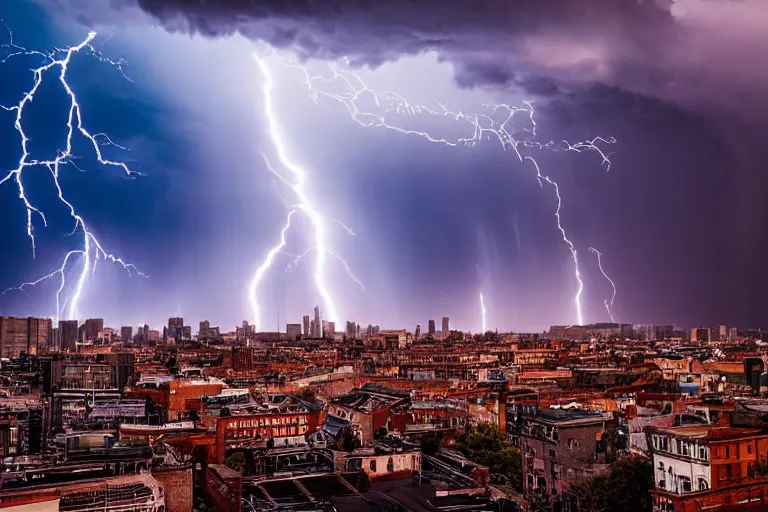 Image similar to a photo of a supercell thunderstorm in a city, cityscape, illuminated from various angles by the setting sun, cinematic, dynamic lightning, lightning bolts, mystic hue clouds