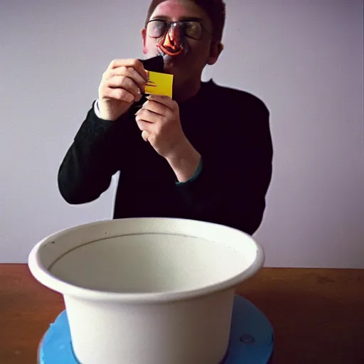 Image similar to kodak portra 8 0 0, flickr photograph of an invisible guy eating glue out of a pot, glue eating guy, yummy glue pot delicious i love eating glue photo