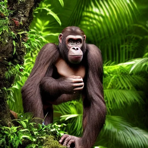 Image similar to photo of an intricate jungle scene showing a creature that has the body of an ape with six arms, covered in feathers. extreme detail, hyperrealistic photo, gloomy