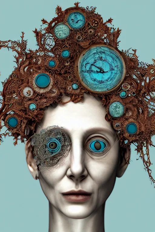 Prompt: complex 3d render ultra detailed of a beautiful dirty porcelain old woman face, rusty biomechanical cyborg, analog, 150 mm lens, beautiful natural soft rim light, big leaves and stems, roots, fine foliage lace, turquoise gold details, Alexander Mcqueen high fashion haute couture, art nouveau fashion embroidered, steampunk, intricate details, mesh wire, mandelbrot fractal, anatomical, facial muscles, cable wires, microchip, elegant, hyper realistic, in front of dark flower pattern wallpaper, ultra detailed, octane render, volumetric lighting, 8k post-production