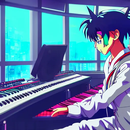 Image similar to An anime character working in their music studio. 90s anime, Sailor Moon, Neon Genesis, official art, flat cell shading, fantastic screenshot art, trending on artstation