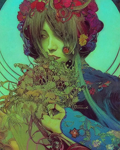 Image similar to rainbow flowerpunk portrait of a strict matriarch by paul lehr, beksinski, alphonse mucha