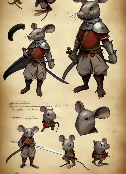 Image similar to character design sheet for a heroic mouse knight with sword and shield on a parchment background, redwall, greg rutowski and jean baptiste monge, detailed, epic fantasy concept art