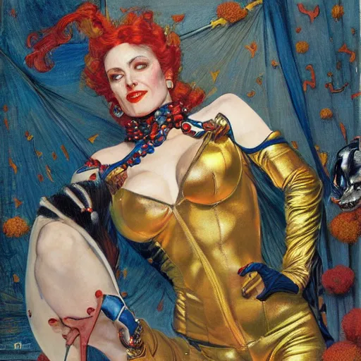 Prompt: catsuit female jester, by donato giancola and norman rockwell.