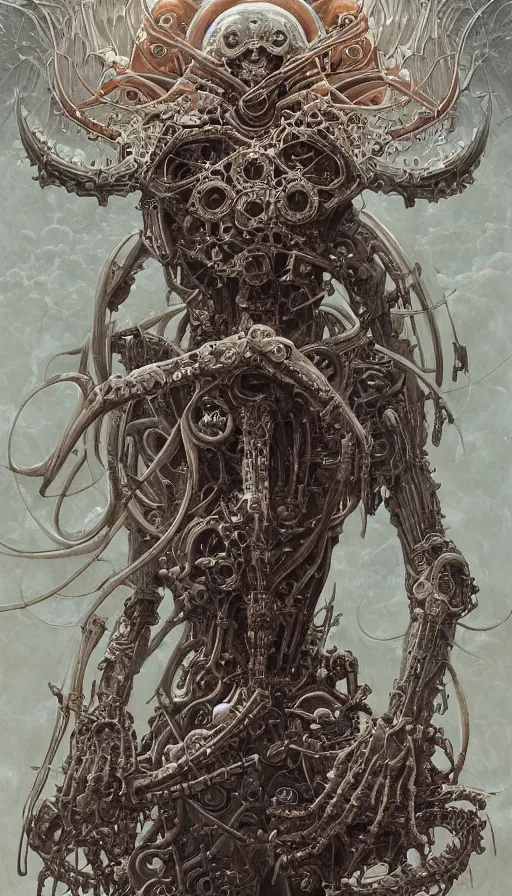 Image similar to Elden Ring and Doom themed painting of biomechanical armored traveller hybrid, intricate artwork by Artgerm, Victo Ngai, Johnatan Wayshak, Zdizslaw Beksinski, Douglas Barlowe, Darius Zawadzki, H.R. Giger, Takato Yamamoto, masterpiece, very coherent artwork, elite, horror, creepy, ominous, haunting, majestic, ephemeral, cinematic, high detail, octane render, unreal engine, 8k, High contrast, golden ratio, trending on cgsociety, ultra high quality model, production quality cinema model