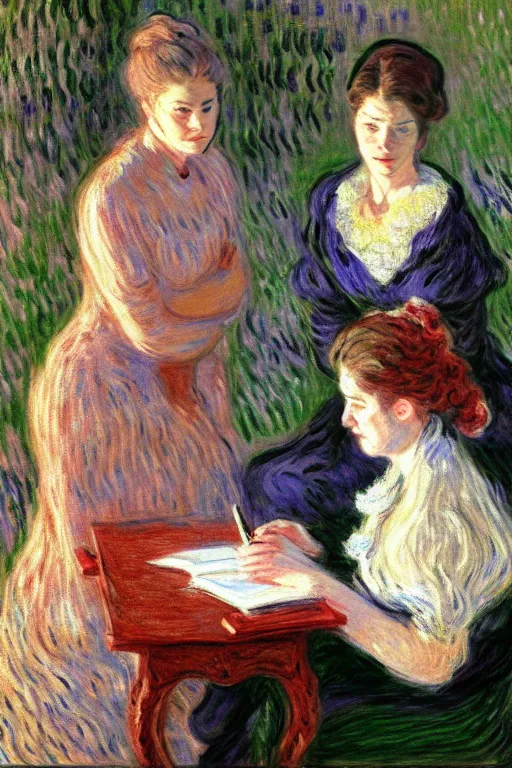 Image similar to portrait of two wise and very beautiful women reviewing some texts, art by monet, intricate, elegant, highly detailed, smooth, sharp focus, artstation