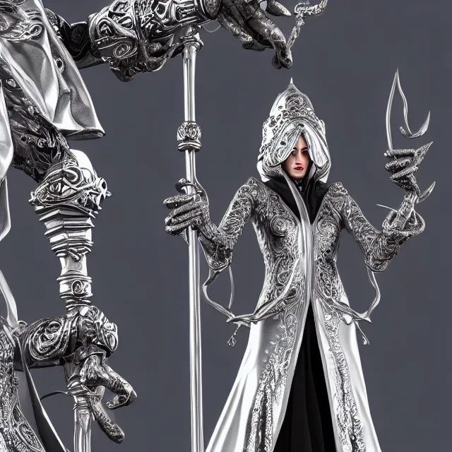 Image similar to elemental moon witch in ornate silver robes and staff, highly detailed, 8 k, hdr,, clayton crain