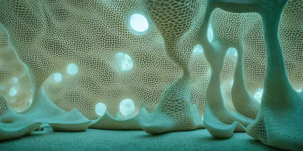 Prompt: biomorphic honeycomb structures by ernesto neto, light - mint with light - pink color, 4 k, insanely quality, highly detailed, film still from the movie directed by denis villeneuve with art direction by zdzisław beksinski, telephoto lens, shallow depth of field
