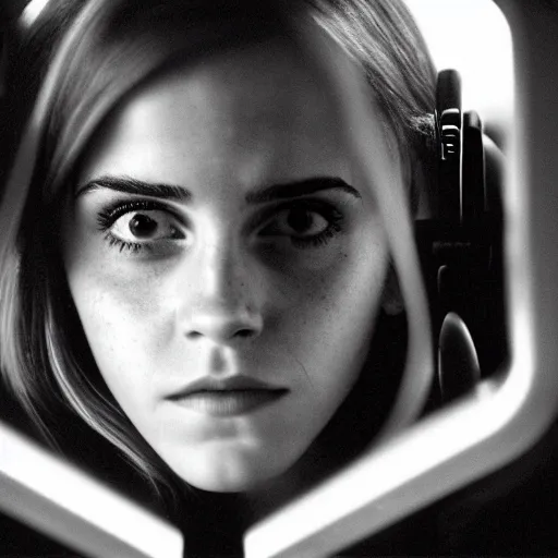 Image similar to emma watson, inside airplane, film still, fujifilm reala, low tonal contrast,