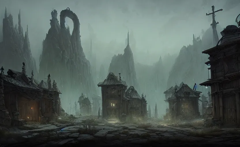 Image similar to epic concept art depicted an ancient cursed town | | art by jakub rebelka and tyler edlin | | dramatic mood, overcast mood, dark fantasy environment | | trending on artstation, unreal engine, hyperreal movie shot