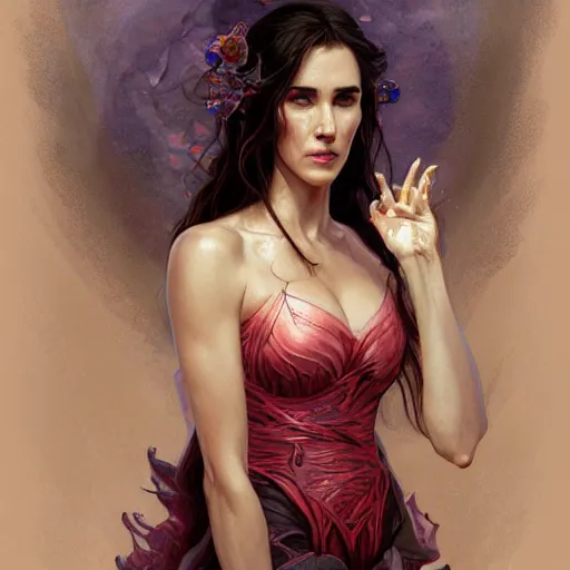 Prompt: Portrait of Jennifer Connelly as a ravaging hellish vampire queen, D&D, attractive and slender, colorful pastel fantasy, intricate, elegant, highly detailed, digital painting, artstation, concept art, smooth, sharp focus, illustration, art by artgerm and greg rutkowski and alphonse mucha