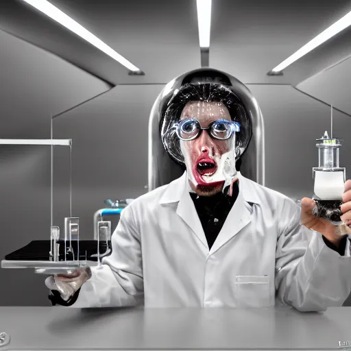 Prompt: a scientist in his futuristic lab. from his mouth is flowing a river of milk which is entering the mouth of an android. realistic. 3 5 mm. hdr. 8 k