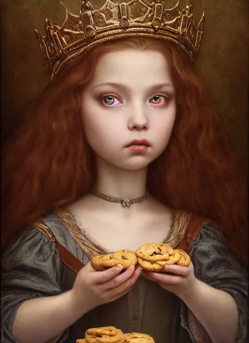 Prompt: highly detailed closeup portrait of a fairytale medieval princess eating cookies, unreal engine, nicoletta ceccoli, mark ryden, lostfish, earl norem, global illumination, god rays, detailed and intricate environment