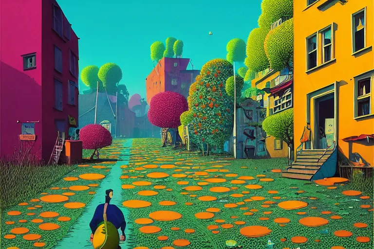 Image similar to surreal glimpse into other universe, jalan - jalan cari makan, summer morning, very coherent and colorful high contrast, art by!!!! gediminas pranckevicius!!!!, geof darrow, floralpunk screen printing woodblock, dark shadows, hard lighting, stipple brush technique,