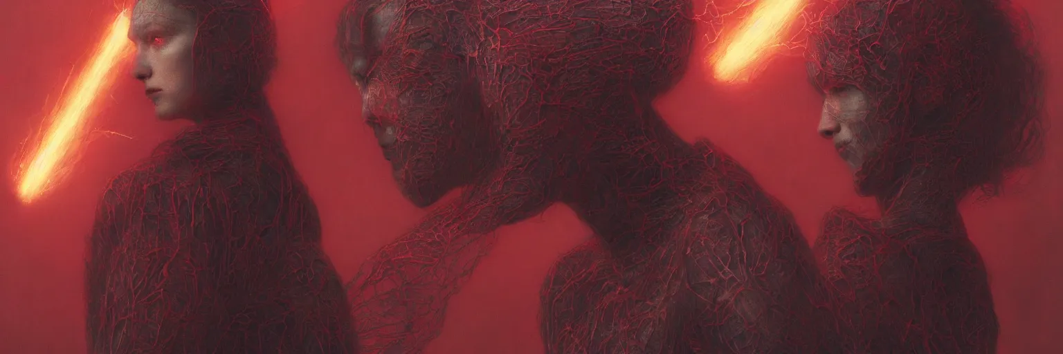 Image similar to Portrait Masterpiece, Wanda Maximoff, furious, red, glowing, wires everywhere, by Edgar Maxence and Ross Tran, Zdzisław Beksiński, and Michael Whelan, distant, gustav dore, H.R. Giger, 8k, octane render