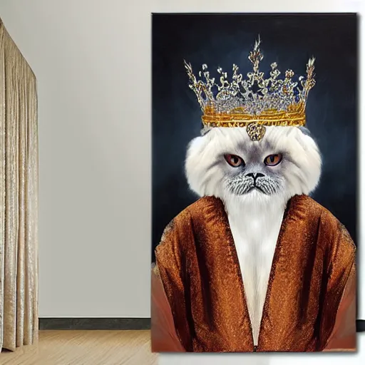 Image similar to anthromorphic fluffy himalayan cat dressed in queen robe and crown, detailed 4 k oil painting