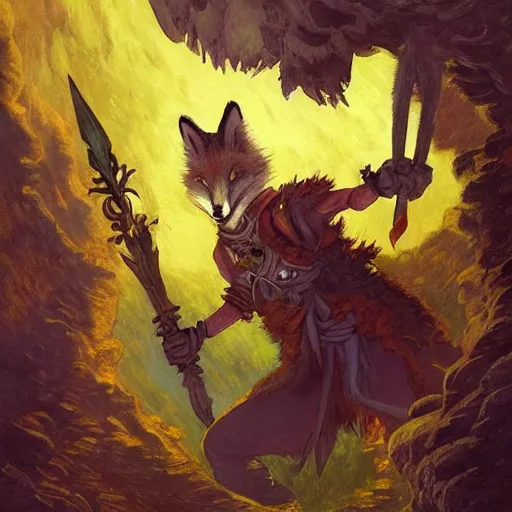 Prompt: A lithe fox-person fighter protagonist with an enchanted dagger is exploring the grimdarkest dungeon depths. trending on Pixiv. trending on ArtStation. A vibrant digital oil painting. A highly detailed fantasy character illustration by Wayne Reynolds and Charles Monet and Gustave Dore and Carl Critchlow and Bram Sels