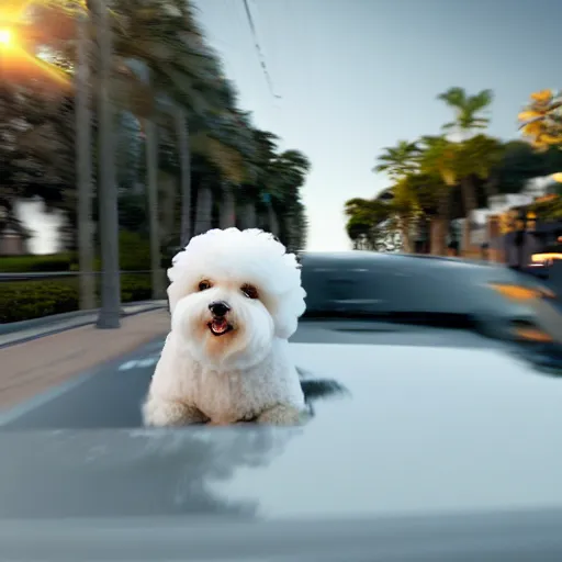 Image similar to a photorealistic image of bichon frise riding in the back on an uber through Hollywood at dusk. This 4K HD image is Trending on Artstation, featured on Behance, well-rendered, extra crisp, features intricate detail and the style of Unreal Engine.