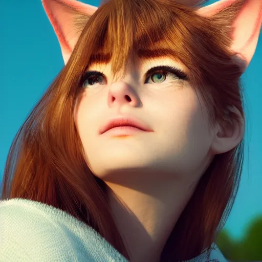 Image similar to pretty cat - boy posing in front of plains + beauty + warm light from behind + bright green eyes + auburn hair + cat ears + large well - defined eyelids + artstation + octane render + cinematic color grading + muted colors + soft light + rule of thirds + like a professional model + cinematic + 8 k + 3 d render + 3 5 mm