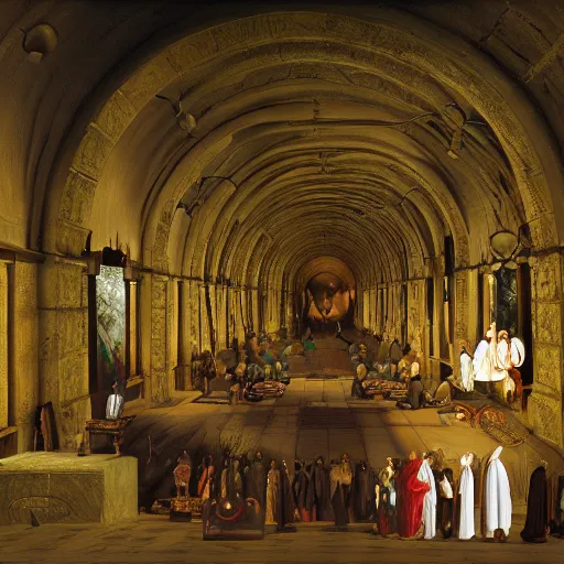 Image similar to underground tunnels inhabited by hooded monks, mechanical computers, lights and switches, portal to the dreamworld, baroque oil painting