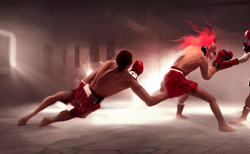 Prompt: hyperrealistic photo of Jesus Christ fighting red-skinned Satan devil demon Lucifer hellspawn in the face on the floor of a boxing ring, 8k cinematic, epic fight scene, DSLR focus on the subjects