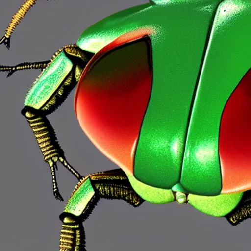 Image similar to hybrid of green beetle and red turtle, photorealistic, close - up