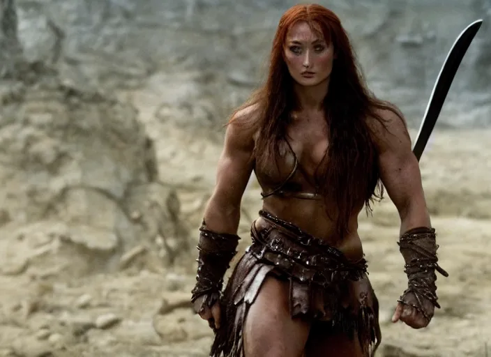 Image similar to still of muscular sophie turner in conan the barbarian directed by frank frazetta, high resolution
