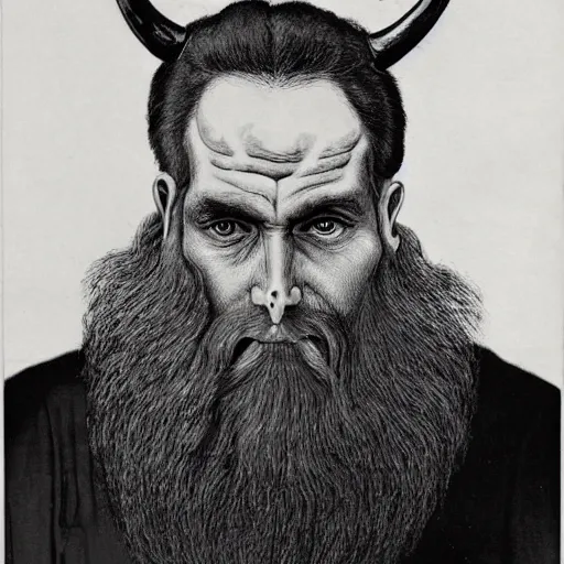 Image similar to a man with 2 horns protruding out of his forehead which curve back, one is broken at a quarter of the length of the other. he has red skin, golden eyes and a black beard