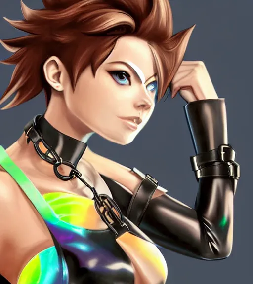 Image similar to full body digital artwork of tracer overwatch, wearing black iridescent rainbow latex tank top, 4 k, expressive happy smug expression, makeup, in style of mark arian, wearing detailed black leather collar, chains, black leather harness, leather cuffs around wrists, detailed face and eyes,