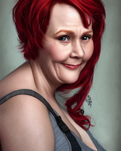 Image similar to portrait of happy short and plump 5 0 - year - old woman with red hair and, kind face, short hair, wearing in blouse, hyper realistic face, beautiful eyes, character art, art by mark brooks, hyperdetailed, cryengine, trending on artstation, digital art