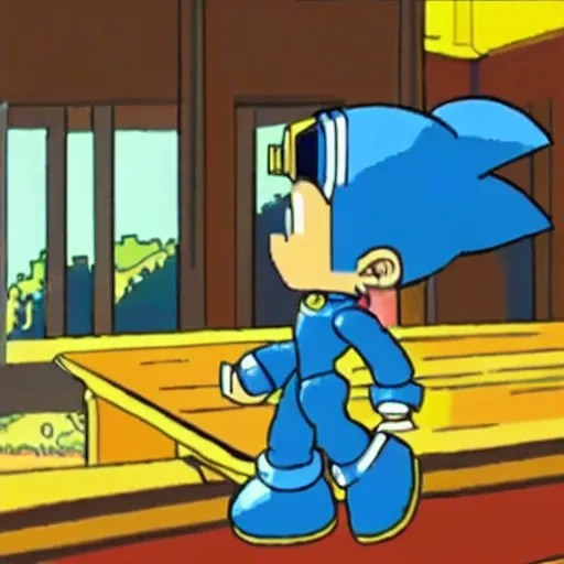 Prompt: megaman looking sad and drinking a can of beer in an empty room