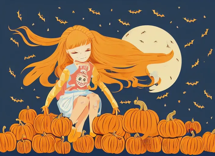 Image similar to little girl with long golden blonde hair sitting on a pile of halloween pumpkins and skulls. clean cel shaded vector art. shutterstock. behance hd by lois van baarle, artgerm, helen huang, by makoto shinkai and ilya kuvshinov, rossdraws, illustration, art by ilya kuvshinov