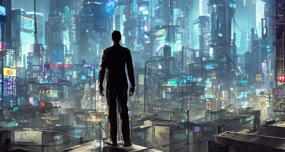 Prompt: a lone detective stands on a rooftop of a cyberpunk city