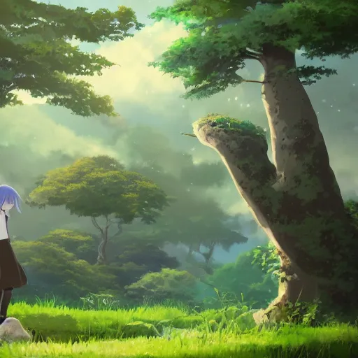 Prompt: guy and a friendly creature in the spitited away style, 4k art, high detail, smooth, anime beautiful peace scene, detailed face, studio ghibli, sharp focus high quality, fantasy, forest, detailed, wonderful, sky, dark