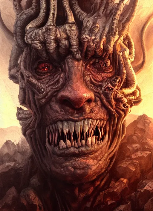 Image similar to close up portrait of a monster in the mountains of hell, oil painting by tomasz jedruszek, cinematic lighting, pen and ink, intricate line, hd, 4 k, million of likes, trending on artstation