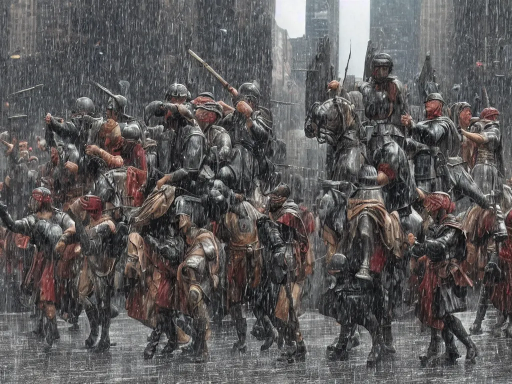 Image similar to column of roman soldiers in rain attacking in New York city