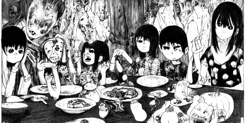 Image similar to A happy family eating dinner, horror, creepy, dark, manga, pencil, inspired by junji ito, superior quality, masterpiece