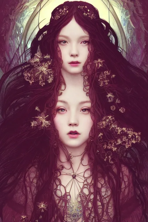 Image similar to beautiful and victorian and luxury and gothic and goddess young medieval dark princess portrait like blackpink lisa+front face with light flowing hair, ultradetail face, art and illustration by miqi and tian zi and craig mullins and WLOP and alphonse mucha, fantasy, intricate complexity, human structure, human anatomy, fantasy character concept, dynamic lighting, neon light, ssci-fi, watermark, blurry, hyperrealism 8k