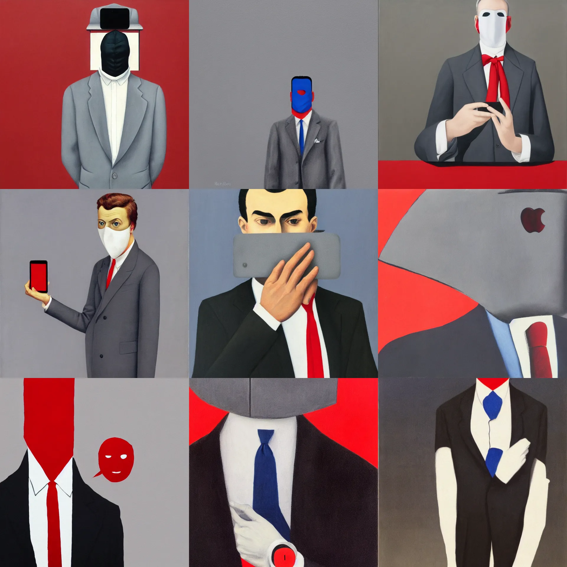 Prompt: front view portrait of a man with an iphone covering his face, wearing dark grey suit, white shirt, red tie, black pants, blue / grey background, painted by rene magritte