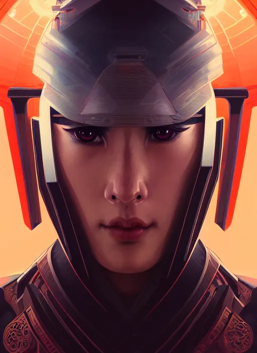 Image similar to symmetry!! portrait of futuristic samurai, sci - fi, tech wear, intricate, elegant, extremely detailed, digital painting, artstation, cinematic lighting, concept art, smooth, sharp focus, illustration, art by artgerm and greg rutkowski and alphonse mucha, 8 k