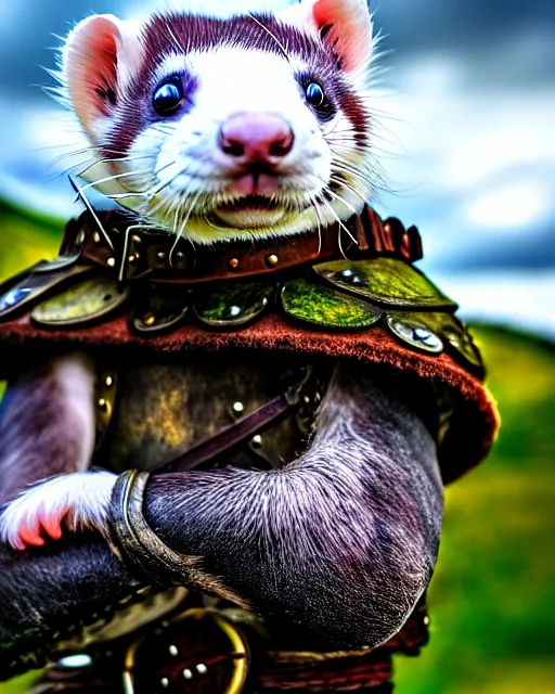 Image similar to ferret love warrior, furry, fantasy, viking, high detailed, hearts, photography, cloudy, lightweight leather armour, scandinavia, plain, detailed face, look into the distance, serious face, full body, in full growth, professional photographer, masterpiece, 5 0 mm, extremely detailed, digital art 8 k