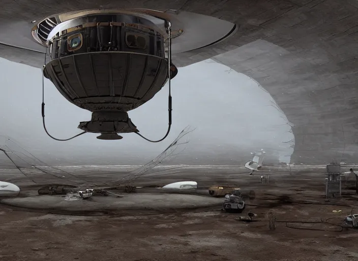 Prompt: engineer repairs special flying saucer full of modern military equipment, in the hall of area 55, high detail, ground fog, wet reflective ground, saturated colors, by Darek Zabrocki, render Unreal Engine-H 1500