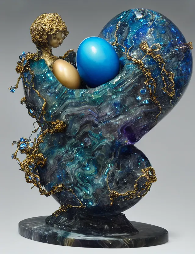 Image similar to a photo of a sculpture of a winged child made from blue and emerald and amethyst crystal geode formations with a marble egg with obsidian base with liquid gold tendrils flowing by ellen jewett by stanisław szukalski, octane render, byzantine, recursive, tendrils, elestial crystals, geode,