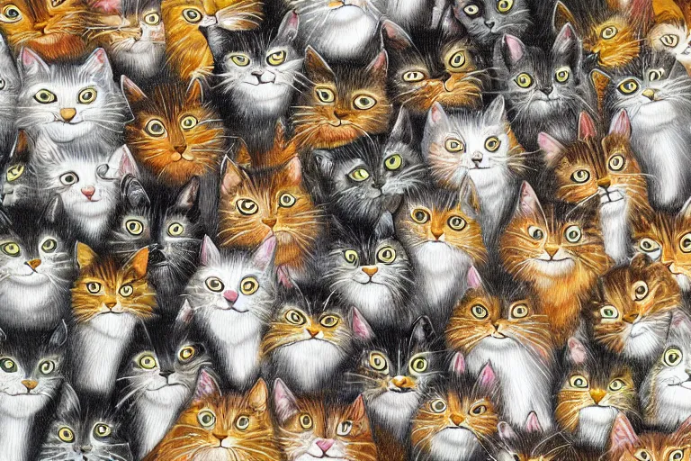 Prompt: beautiful art illustration of a group of happy cats by tony healey, highly detailed