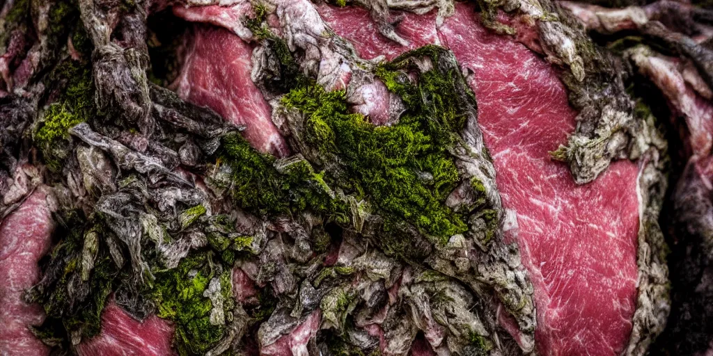 Prompt: details of lichens and moss growing on flesh and skin, meat, petals texture details, painitng, wrinkles and muscle tissues, stab wound, oil on canvas, 4k, 8K, photorealistic, soft spot light, cinematic lighting, sharp, contrasting