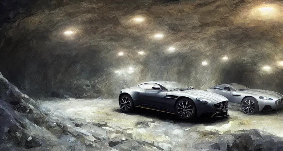 Image similar to Aston Martin in modern cave Next to the pool,digital art,ultra realistic,ultra detailed,art by greg rutkowski