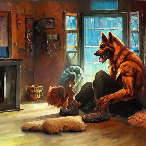 Image similar to a humanoid german shepherd beast - man, sitting and watching a soccer match in his house on television, he has hurt his knee and is a dad, by erin hanson, alexi zaitsev, karl spitzweg, award winning, tv set